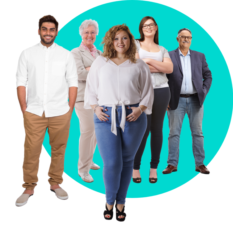 4 people standing against a white circle backdrop, looking towards the camera and smiling