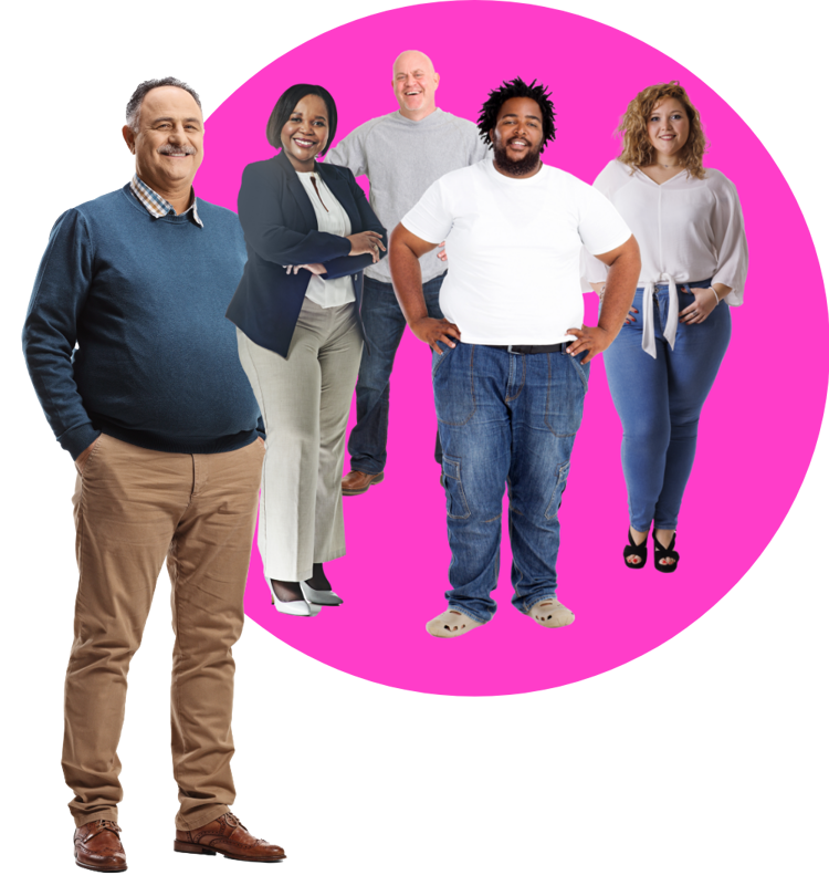 4 people standing against a white circle backdrop, looking towards the camera and smiling