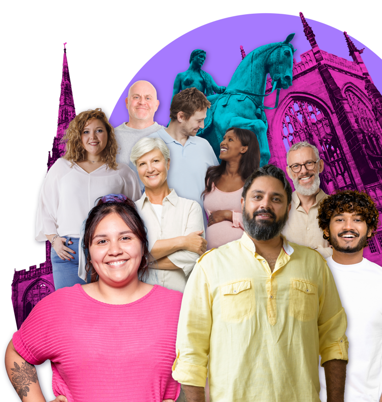 A group of colourful individuals standing together looking towards you on a backdrop of Coventry landmarks
